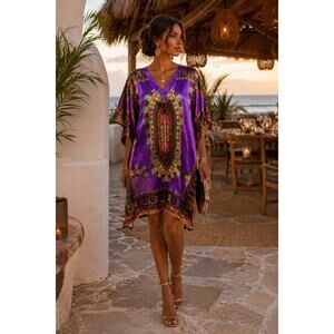 Y2K Purple Satin Caftan Dress M/L Resort Glam Boho Beach Coverup Tunic